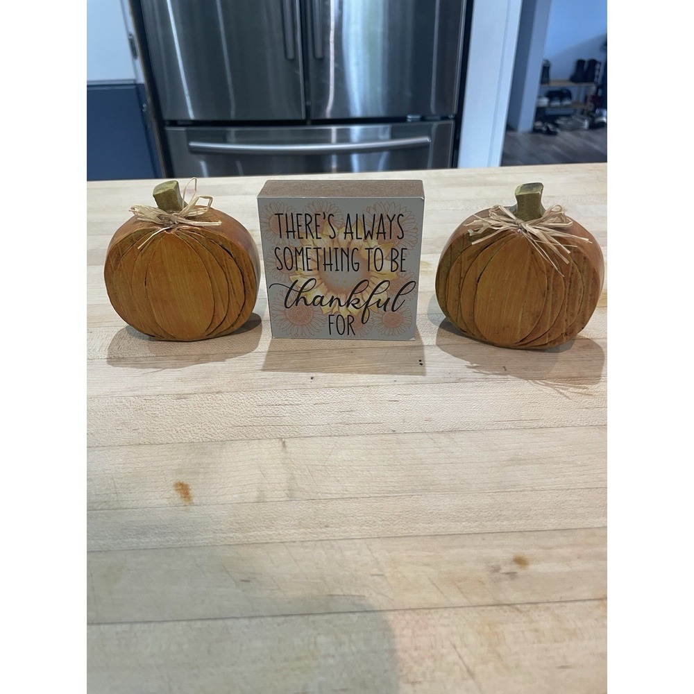 Resin Pumpkins Wood Block Sunflower Fall Autumn Tableware Office Desk Decor 3 pc